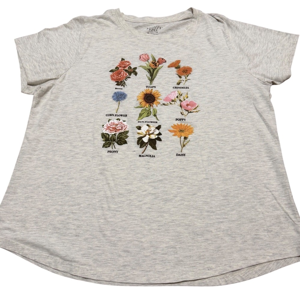 Mighty Fine Women's XL Grey Botanical‎ Flower Graphic Tee Short Sleeve T-Shirt